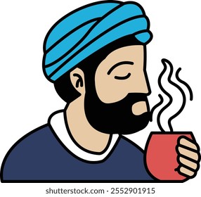 A man with a beard and turban is holding a cup of coffee. Concept of relaxation and comfort, as the man is enjoying his coffee while sitting down. The turban adds a cultural touch to the scene