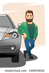 A man with a beard in an unbuttoned jacket or shirt is leaning his elbow on the hood of the car, the other hand in his pants pocket. Half car, front view. Modern flat vector illustration.