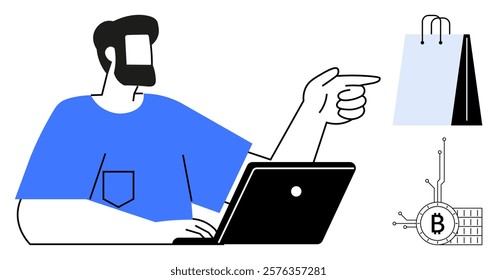 Man with a beard using a laptop and pointing towards a shopping bag and a Bitcoin symbol. Ideal for online shopping, e-commerce, digital transactions, cryptocurrency, technology topics. Minimalistic