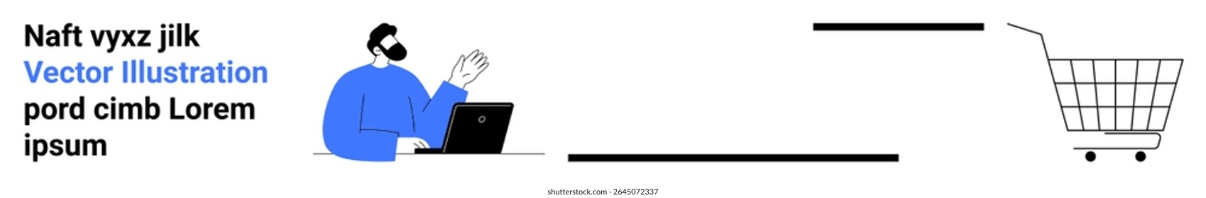 Man with beard using a laptop while text Vector Illustration is displayed nearby, next to a shopping cart. Ideal for e-commerce, online shopping, digital marketing, website banners, advertisements