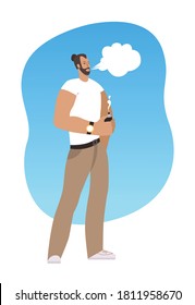 Man with beard vaping outdoor. Vector illustration on white background.