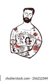 Man with beard and vintage tattoo, hipster,retro style,fashion