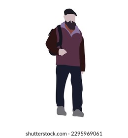 Un hombre con barba camina por la calle con ropa de primavera. Imagen 2D a usar como medio de entretenimiento. Infografía de vector de ciudad plana.