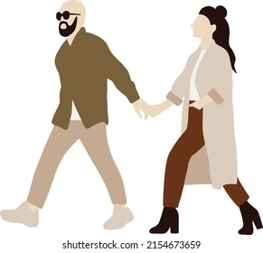 A man with a beard walks hand in hand with his girlfriend