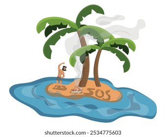 Un hombre con barba agitando, buscando ayuda en una isla tropical deshabitada en el océano después de un naufragio. Una hoguera, una tienda de campaña y una señal SOS escrita en el suelo. Ilustración vectorial estilo caricatura.