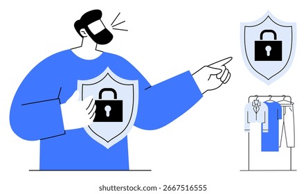 Man with beard wearing blue securing shield with lock symbol, pointing at clothing rack also secured with shield. Ideal for security, retail, online shopping, personal safety, e-commerce, consumer