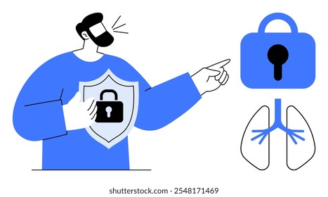 A man with a beard wearing a blue shirt holds a shield with a lock emblem, pointing to a large blue lock connected to a pair of lungs. Ideal for themes of health security, protection, medical safety