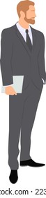 Man with the beard wearing in business suit standing and keeping laptop in his hand. Character design. Flat vector illustration.