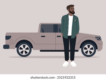 A man with a beard wearing a casual outfit stands thoughtfully by a stylish vehicle, embodying a moment of reflection amidst a serene and calming atmosphere