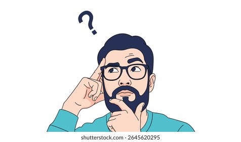 Man with a beard wearing glasses thinking hard and looking to the side
