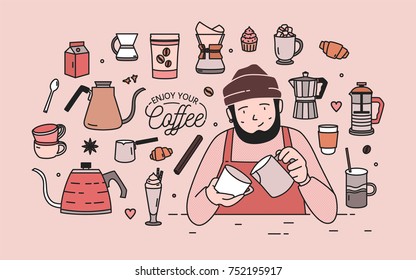 Man with beard wearing hat and apron surrounded by desserts, spices and tools for coffee brewing - french press, moka pot, turkish cezve, kettle with long spout. Vector illustration in line art style.