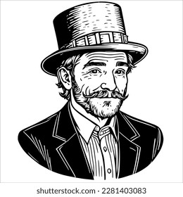 Man with a Beard Wearing a Hat, Relaxing with a Cup of Coffee in Hand. 
