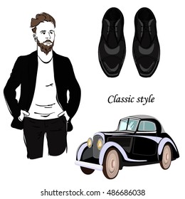 A man with a beard wearing a jacket. Designer shoes for men. Retro car. Classic business, vintage, retro, business style. Vector illustration