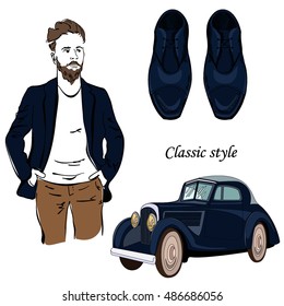 A man with a beard wearing a jacket. Designer shoes for men. Retro car. Classic business, vintage, retro, business style. Vector illustration