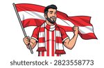 Man with beard wearing red and white striped scarf cheering while holding large Austrian flag behind him in celebratory sports fan pose.