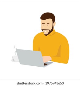 A man with a beard and wearing a turtleneck working with his laptop and having a cup of coffee.