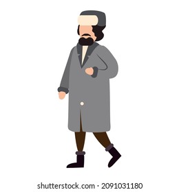 Man with beard winter cold weather clothes, cap, warm coat, boots. Cartoon flat style