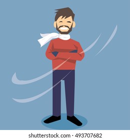 Man with beard in winter fashion. Wearing red sweater and white scarf-vector cartoon