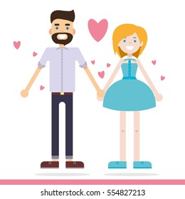Man with beard and woman in love holding hands isolated on white background with hearts. Greeting card for Valentine`s Day, wedding, anniversary or other celebration. Vector illustration.