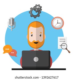 Man with beard working in front of his laptop coming up with ideas deadline communication  white background vector illustration