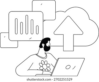 Man with beard working on laptop with data analytics charts and cloud upload icon symbolizing digital transformation and business growth success strategies