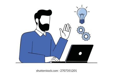 Un hombre con barba trabajando en una computadora portátil, con una bombilla y engranajes flotando por encima, aislado en el concepto de fondo blanco de innovación y productividad