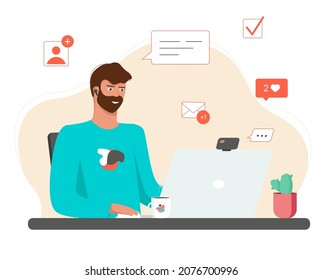 A man with beard working online  at laptop, chatting and getting mails. Vector colourful illustration isolated on white background
