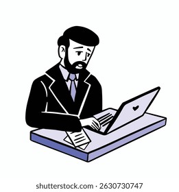 Man with beard works on laptop color style flat vector