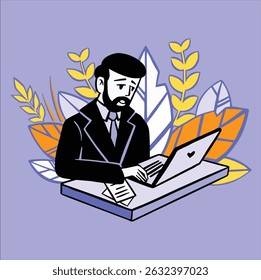 Man with beard works on laptop and blooms color style flat vector