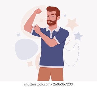 Man, bearded handsome guy in casual sporty wear biceps show pose. Stylish athletic sportswear polo, modern active fit city leisure, comfort. Vector flat style cartoon illustration, creative background