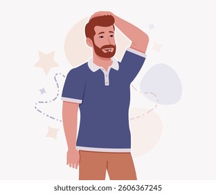 Man, bearded handsome guy in casual sporty wear pensive pose. Stylish athletic sportswear polo, modern active fit city leisure, comfort. Vector flat style cartoon illustration, creative background
