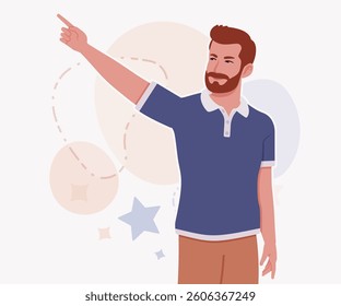 Man, bearded handsome guy in casual sporty wear pointing pose. Stylish athletic sportswear polo, modern active fit city leisure, comfort. Vector flat style cartoon illustration, creative background