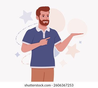 Man, bearded handsome guy in casual sporty wear showing pose. Stylish athletic sportswear polo, modern active fit city leisure, comfort. Vector flat style cartoon illustration, creative background