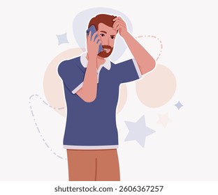 Man, bearded handsome guy in casual sporty wear phone call pose. Stylish athletic sportswear polo, modern active fit city leisure, comfort. Vector flat style cartoon illustration, creative background