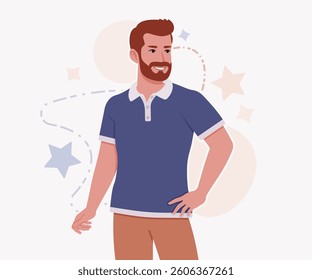 Man, bearded handsome guy in casual sporty wear stand pose. Stylish athletic sportswear polo, modern active fit city leisure, comfort. Vector flat style cartoon illustration, creative background