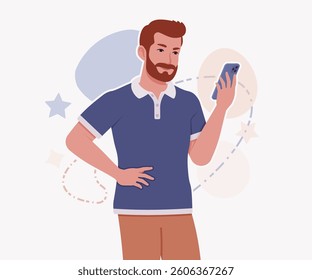 Man, bearded handsome guy in casual sporty wear phone use pose. Stylish athletic sportswear polo, modern active fit city leisure, comfort. Vector flat style cartoon illustration, creative background