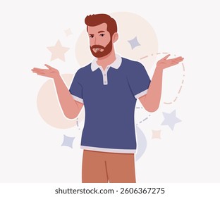 Man, bearded handsome guy in casual sporty wear asking pose. Stylish athletic sportswear polo, modern active fit city leisure, comfort. Vector flat style cartoon illustration, creative background