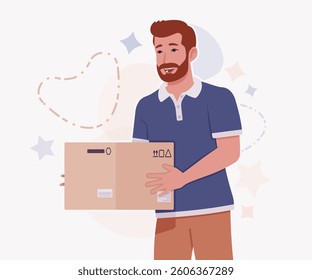 Man, bearded handsome guy in casual sporty wear box delivery. Stylish athletic sportswear polo, modern active fit city leisure, comfort. Vector flat style cartoon illustration, creative background