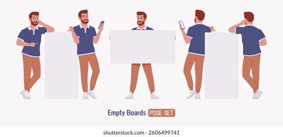 Man, bearded handsome guy casual sporty wear empty board pose set. Stylish athletic sportswear polo, jogs for exercise, modern active life, fit city activity. Vector flat style cartoon illustration