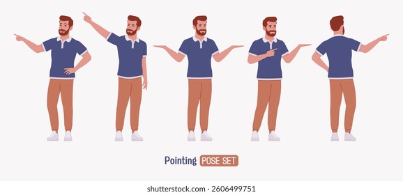 Man, bearded handsome guy casual sporty wear, pointing pose set. Stylish athletic sportswear polo, jogs for exercise, modern active life, fit city activity. Vector flat style cartoon illustration