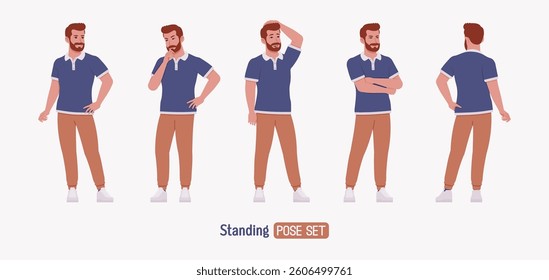 Man, bearded handsome guy casual sporty wear standing pose set. Stylish athletic sportswear polo, jogs for exercise, modern active life, fit adult city activity. Vector flat style cartoon illustration
