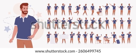 Man, bearded handsome guy in casual sporty wear character set. Stylish athletic sportswear polo boy, modern active fit city leisure, comfort sport bundle, healthy wellness life. Vector illustration