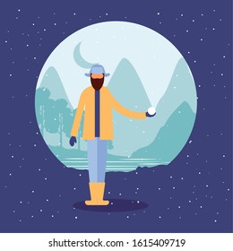 man bearded in snowscape with snow ball vector illustration design