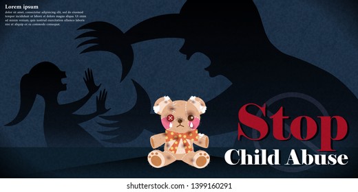 man beat a little girl behind the tattered bear with child abuse issue on dark background