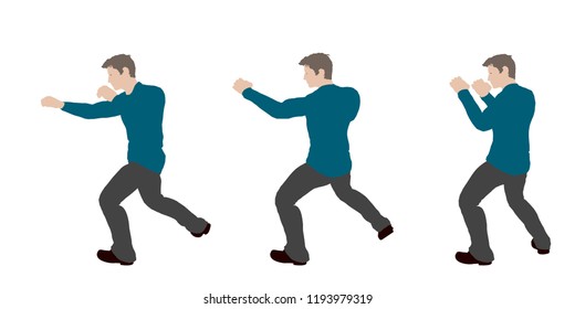 Man beats a punch. Isolated on white background. Vector illustration. Flat style.