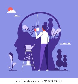 Man and beautiful flower garden inside head isolated flat vector illustration, cartoon characters healing mind and soul for happy lifestyle, psychotherapy And Mentality Healthcare concept