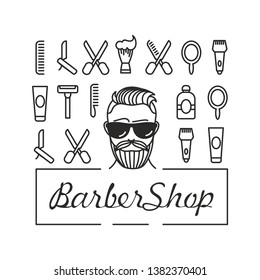 Man with a beautiful haircut and 
beard and a series of linear icons 
for a barber shop and hairstyle