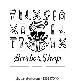 Man with a beautiful haircut and 
beard and a series of linear icons 
for a barber shop and hairstyle