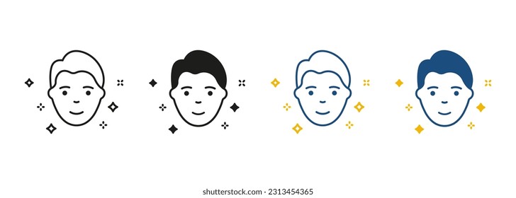 Man with Beauty Face Skin Line and Silhouette Icon Set. Healthy, Fresh Male Face with Clean Skin Pictogram. Facial Skincare, Hygiene Black and Color Symbol Collection. Isolated Vector Illustration.
