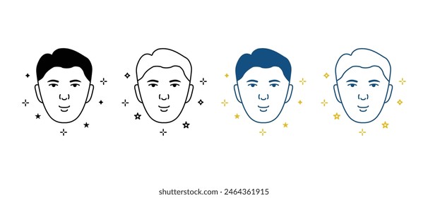 Man with Beauty Face Skin Line and Silhouette Icon Set. Healthy, Fresh Male Face with Clean Skin Pictogram. Facial Skincare, Hygiene Black and Color